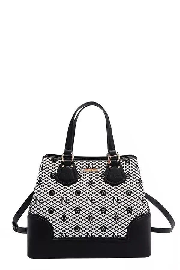 Monogram Grid Satchel Tote with Rhinestone Studs & Crossbody Strap Vicsxox.com