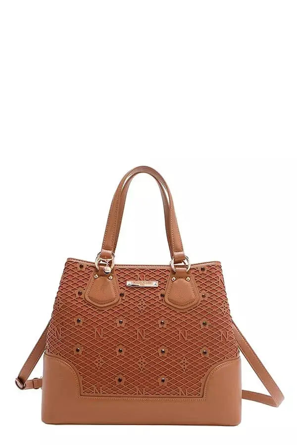 Monogram Grid Satchel Tote with Rhinestone Studs & Crossbody Strap Vicsxox.com