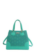 Monogram Grid Satchel Tote with Rhinestone Studs & Crossbody Strap Vicsxox.com