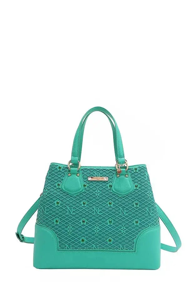 Monogram Grid Satchel Tote with Rhinestone Studs & Crossbody Strap Vicsxox.com