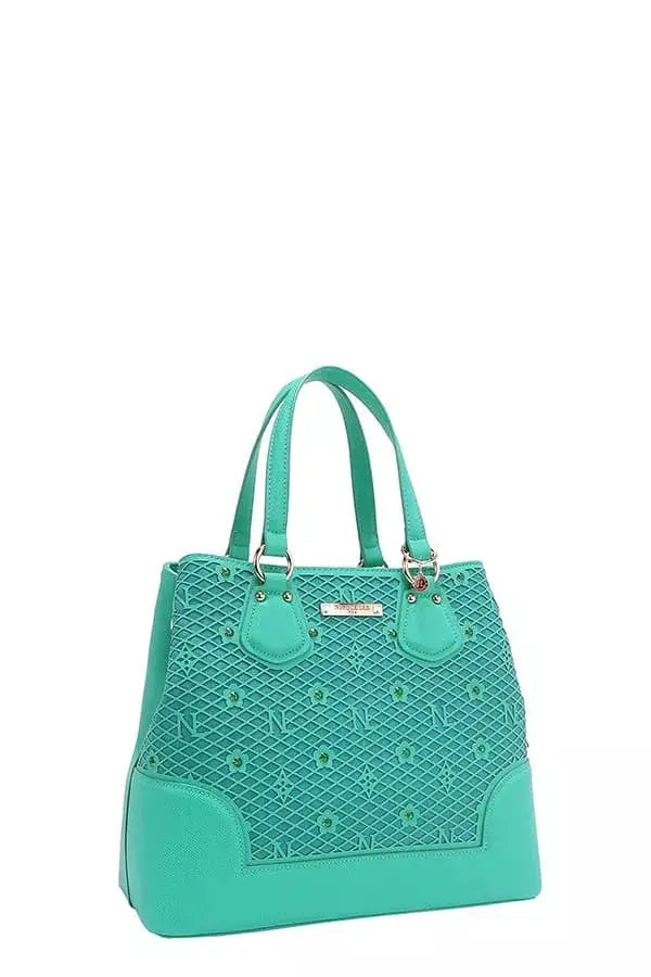 Monogram Grid Satchel Tote with Rhinestone Studs & Crossbody Strap Vicsxox.com