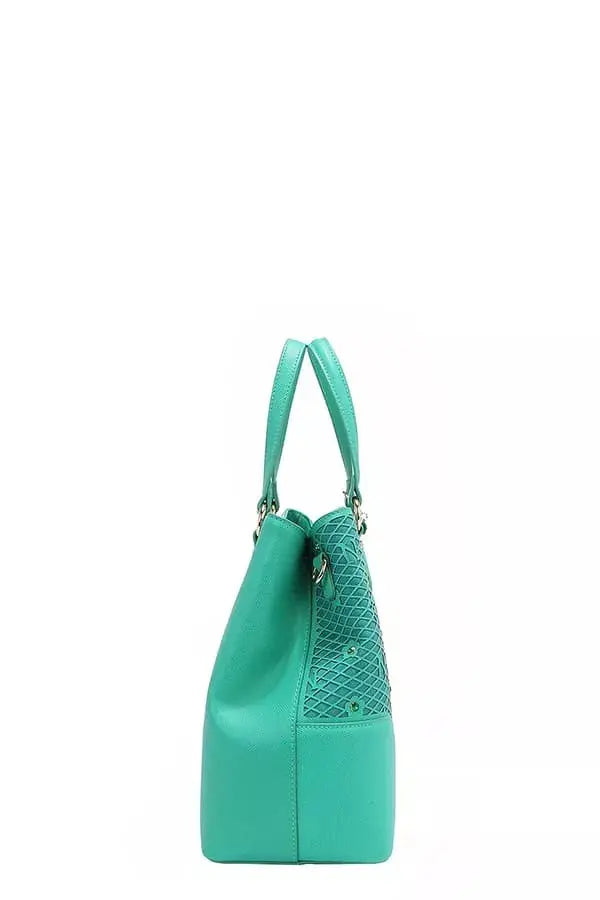 Monogram Grid Satchel Tote with Rhinestone Studs & Crossbody Strap Vicsxox.com