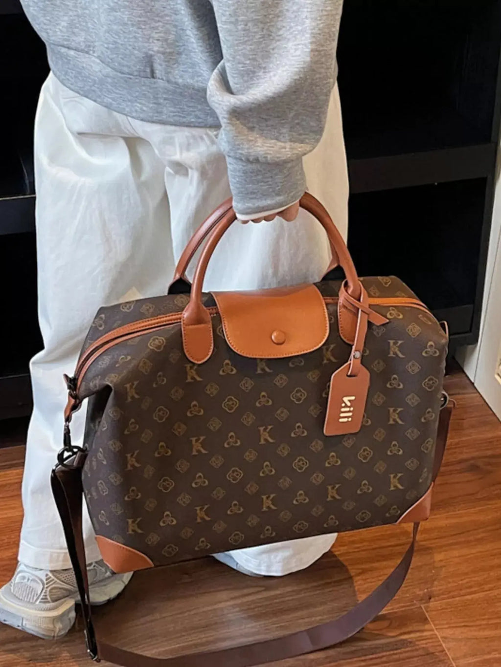 Monogram Print Large Satchel Bag with Cognac Leather Trim & Crossbody Strap Vicsxox.com