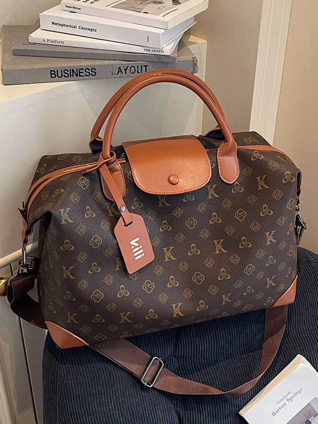 Monogram Print Large Satchel Bag with Cognac Leather Trim & Crossbody Strap Vicsxox.com