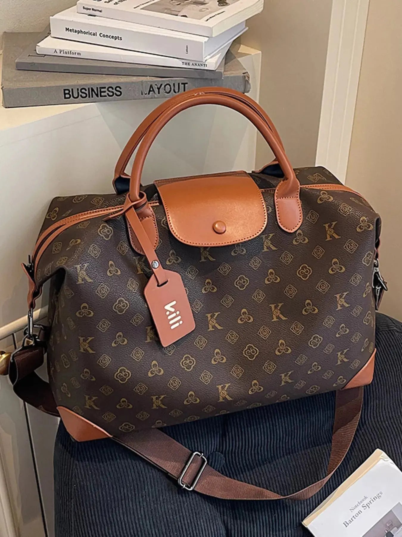 Monogram Print Large Satchel Bag with Cognac Leather Trim & Crossbody Strap Vicsxox.com