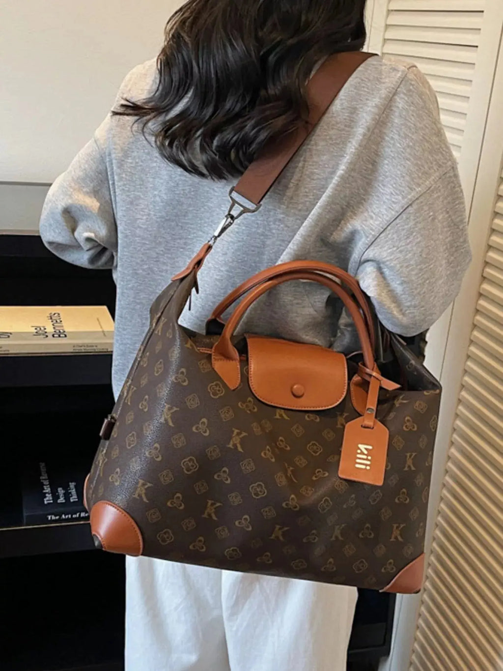 Monogram Print Large Satchel Bag with Cognac Leather Trim & Crossbody Strap Vicsxox.com