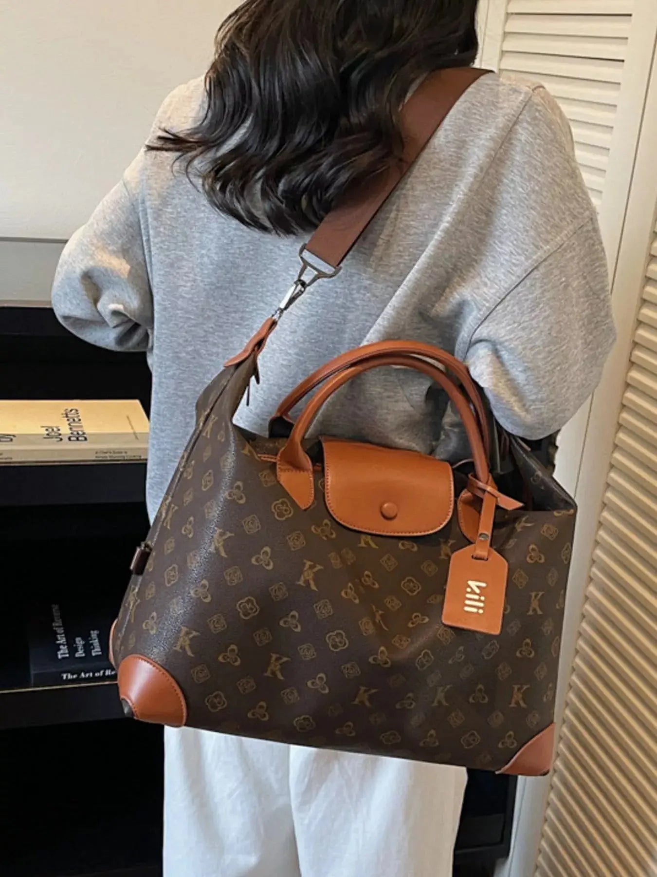 Monogram Print Large Satchel Bag with Cognac Leather Trim & Crossbody Strap Vicsxox.com