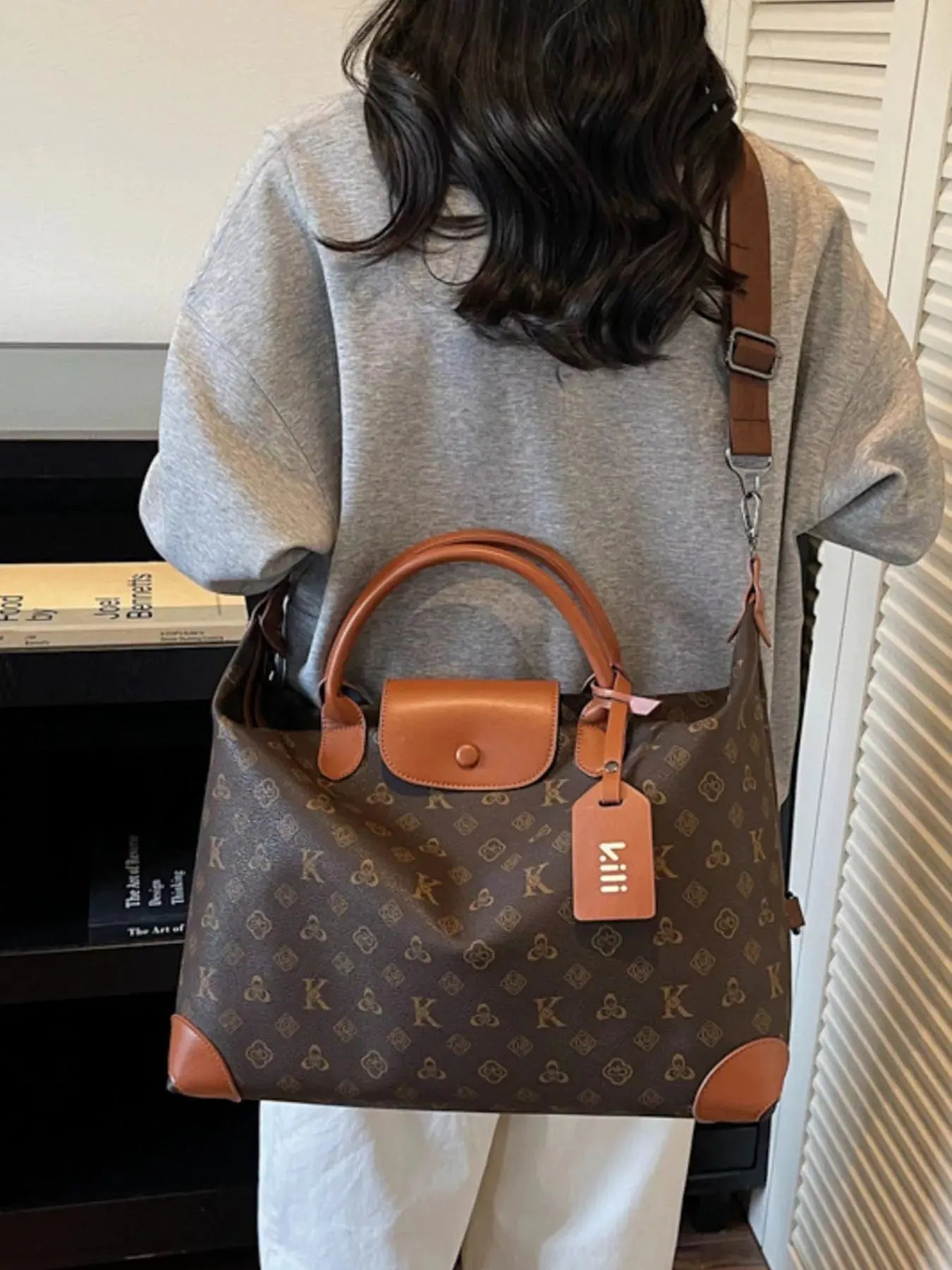 Monogram Print Large Satchel Bag with Cognac Leather Trim & Crossbody Strap Vicsxox.com