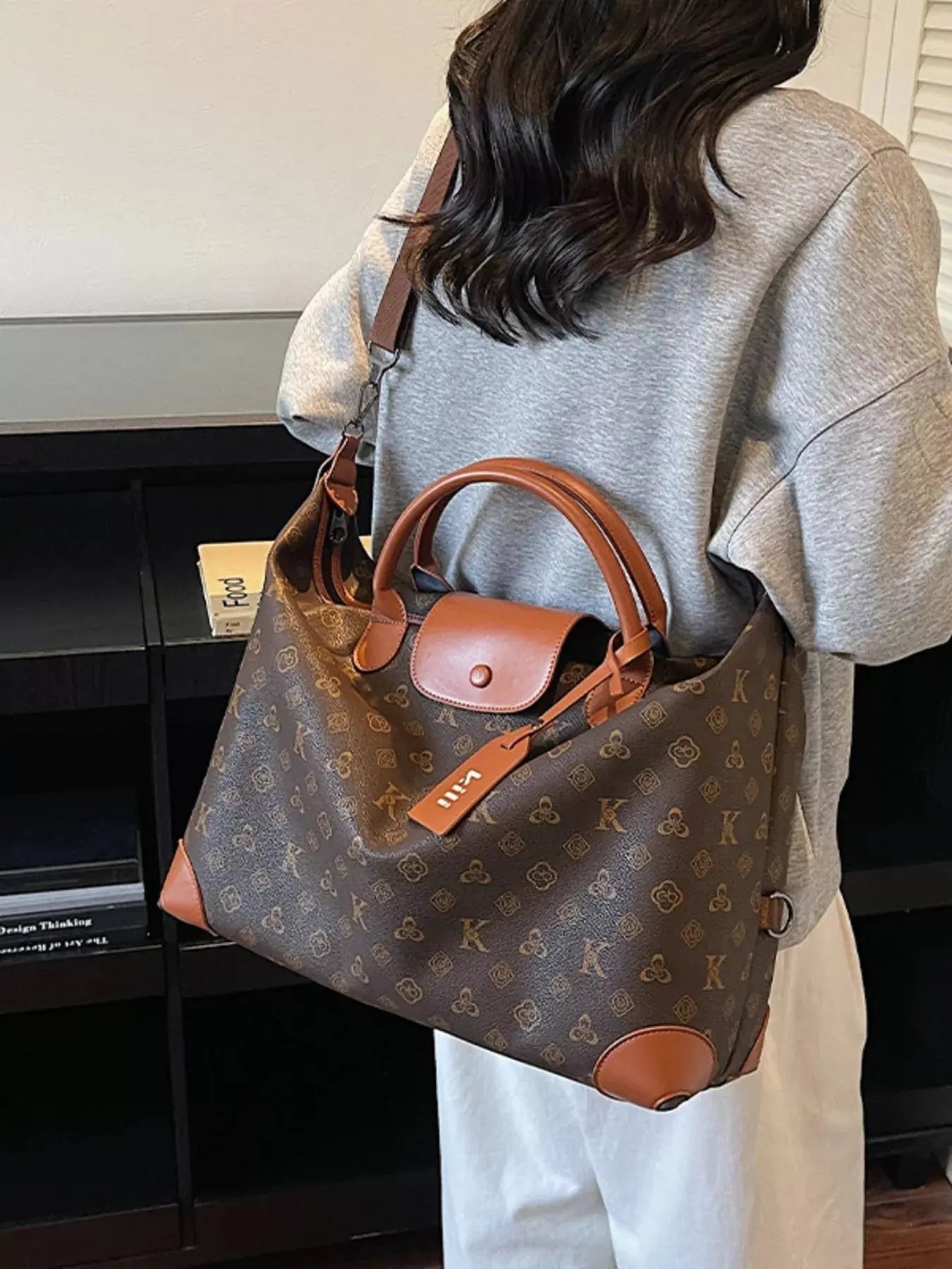 Monogram Print Large Satchel Bag with Cognac Leather Trim & Crossbody Strap Vicsxox.com