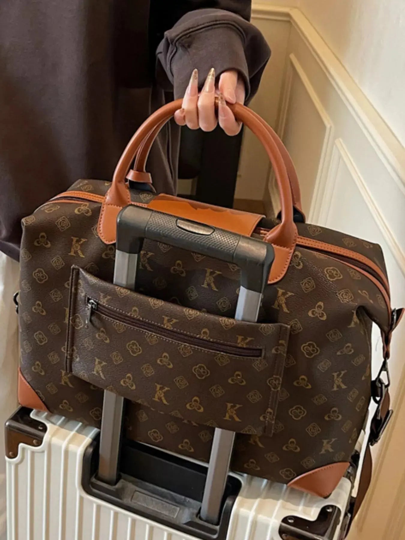 Monogram Print Large Satchel Bag with Cognac Leather Trim & Crossbody Strap Vicsxox.com
