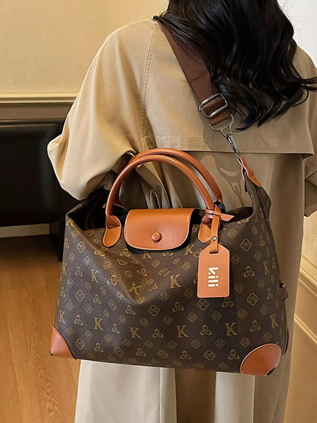 Monogram Print Large Satchel Bag with Cognac Leather Trim & Crossbody Strap Vicsxox.com
