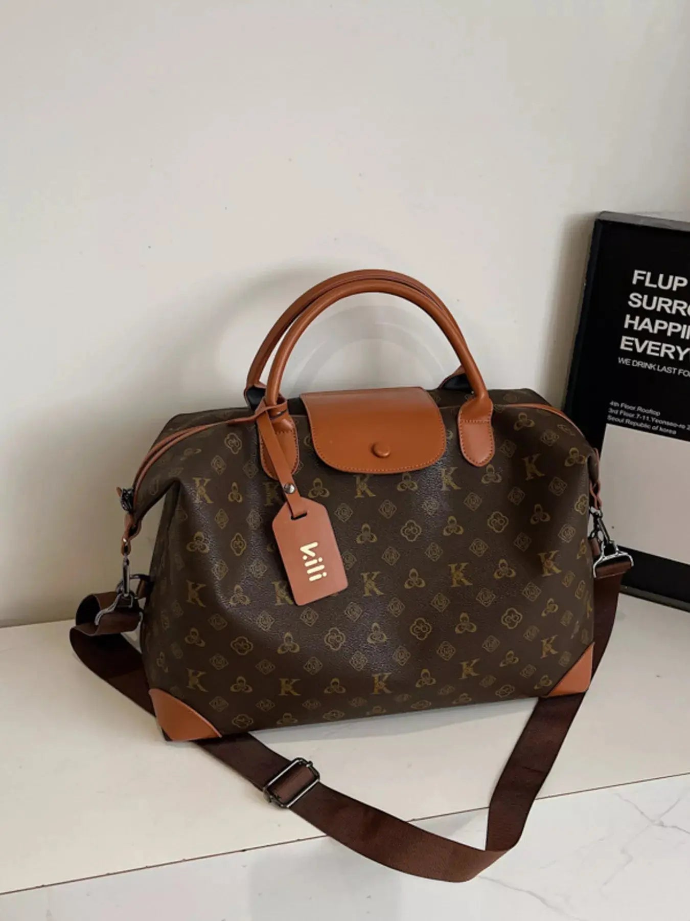 Monogram Print Large Satchel Bag with Cognac Leather Trim & Crossbody Strap Vicsxox.com