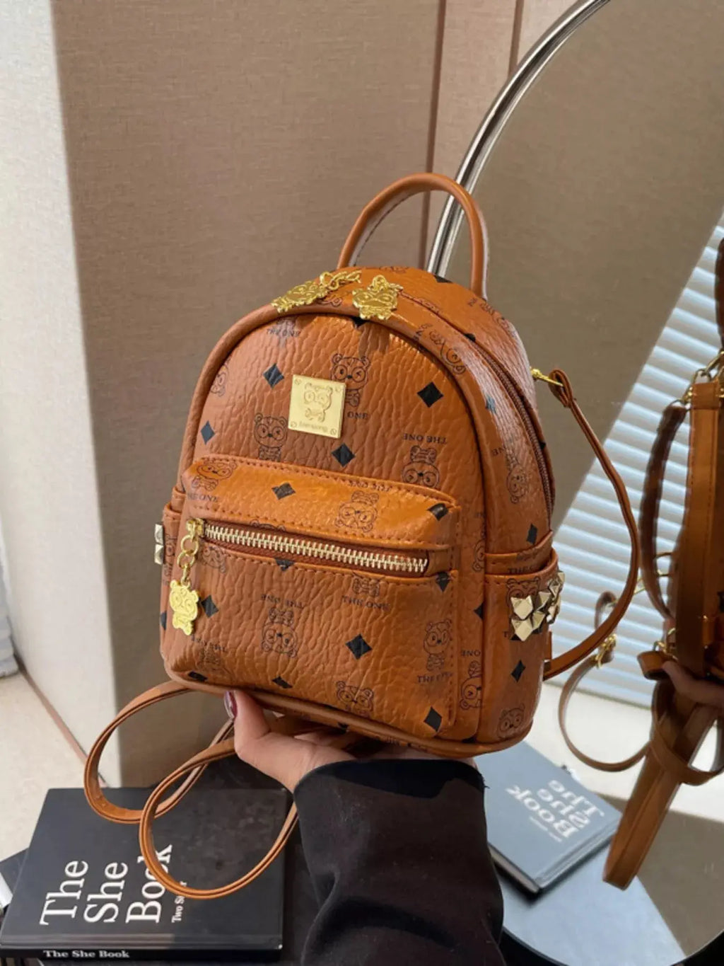 Monogram Print Mini Backpack with Gold Hardware & Stud Accents Vicsxox.com