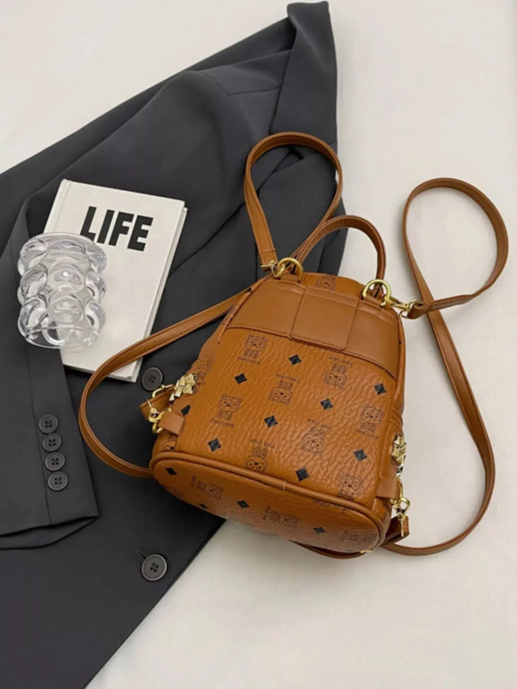 Monogram Print Mini Backpack with Gold Hardware & Stud Accents Vicxox.com