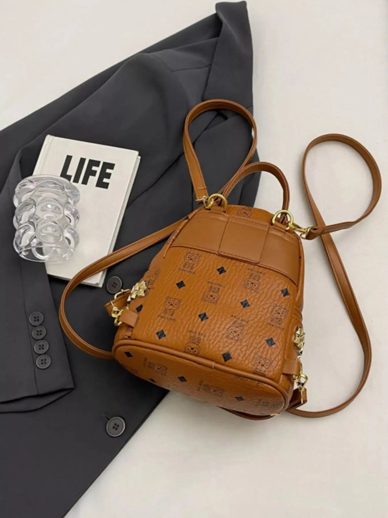 Monogram Print Mini Backpack with Gold Hardware & Stud Accents Vicxox.com