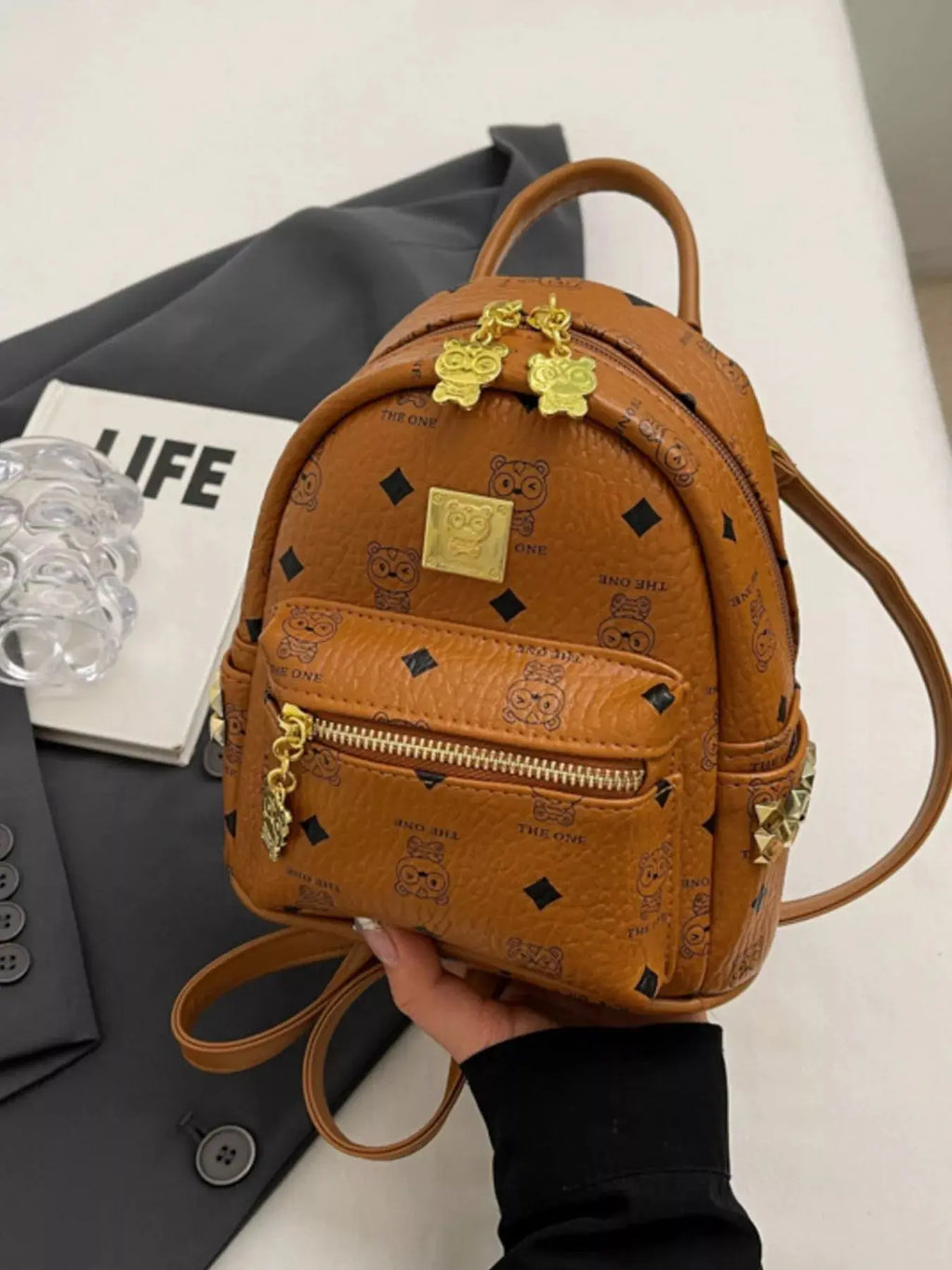 Monogram Print Mini Backpack with Gold Hardware & Stud Accents Vicsxox.com