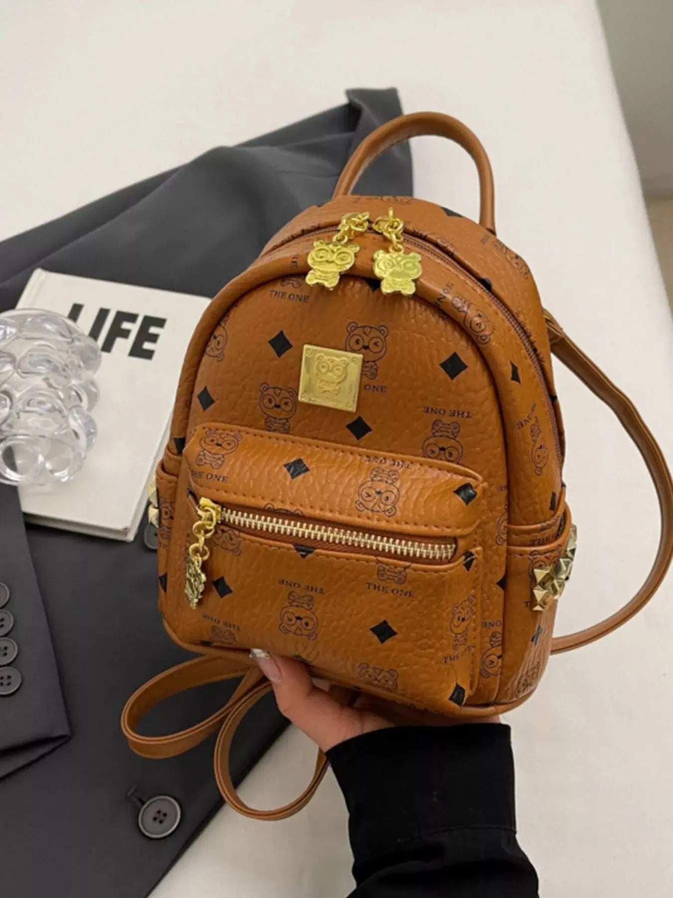 Monogram Print Mini Backpack with Gold Hardware & Stud Accents Vicsxox.com