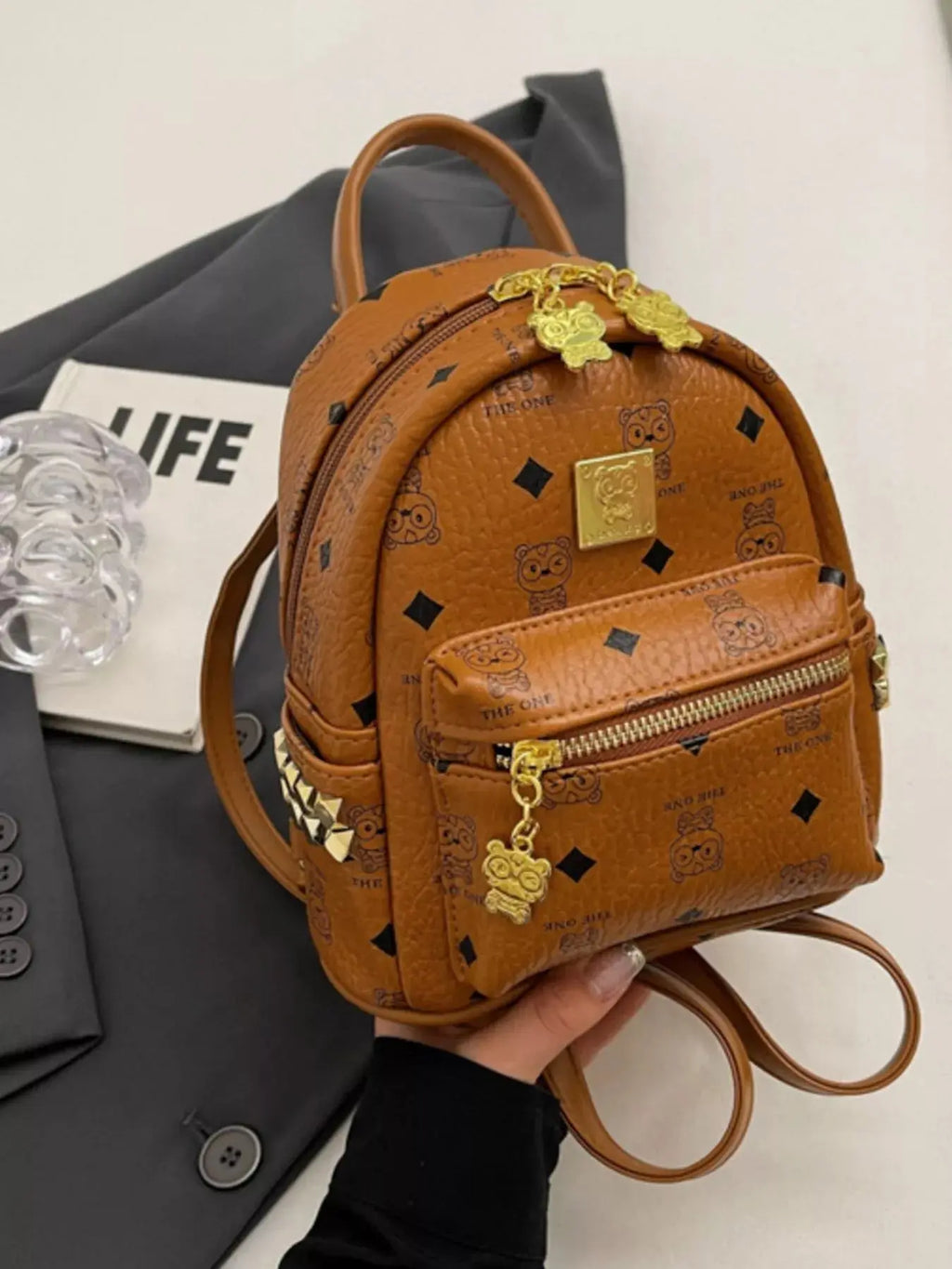 Monogram Print Mini Backpack with Gold Hardware & Stud Accents Vicsxox.com