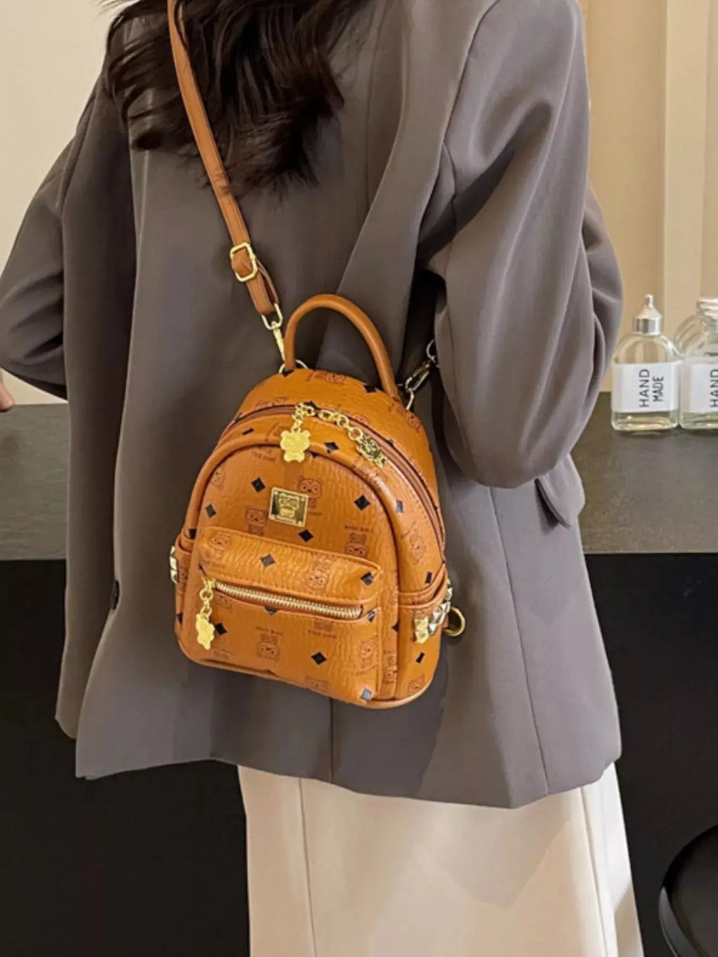 Monogram Print Mini Backpack with Gold Hardware & Stud Accents Vicsxox.com