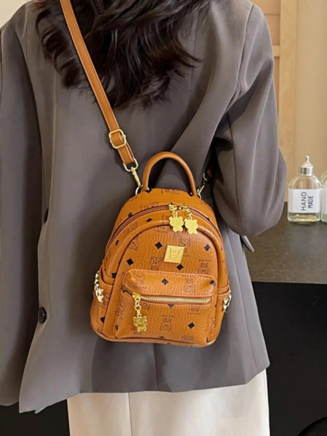Monogram Print Mini Backpack with Gold Hardware & Stud Accents Vicsxox.com