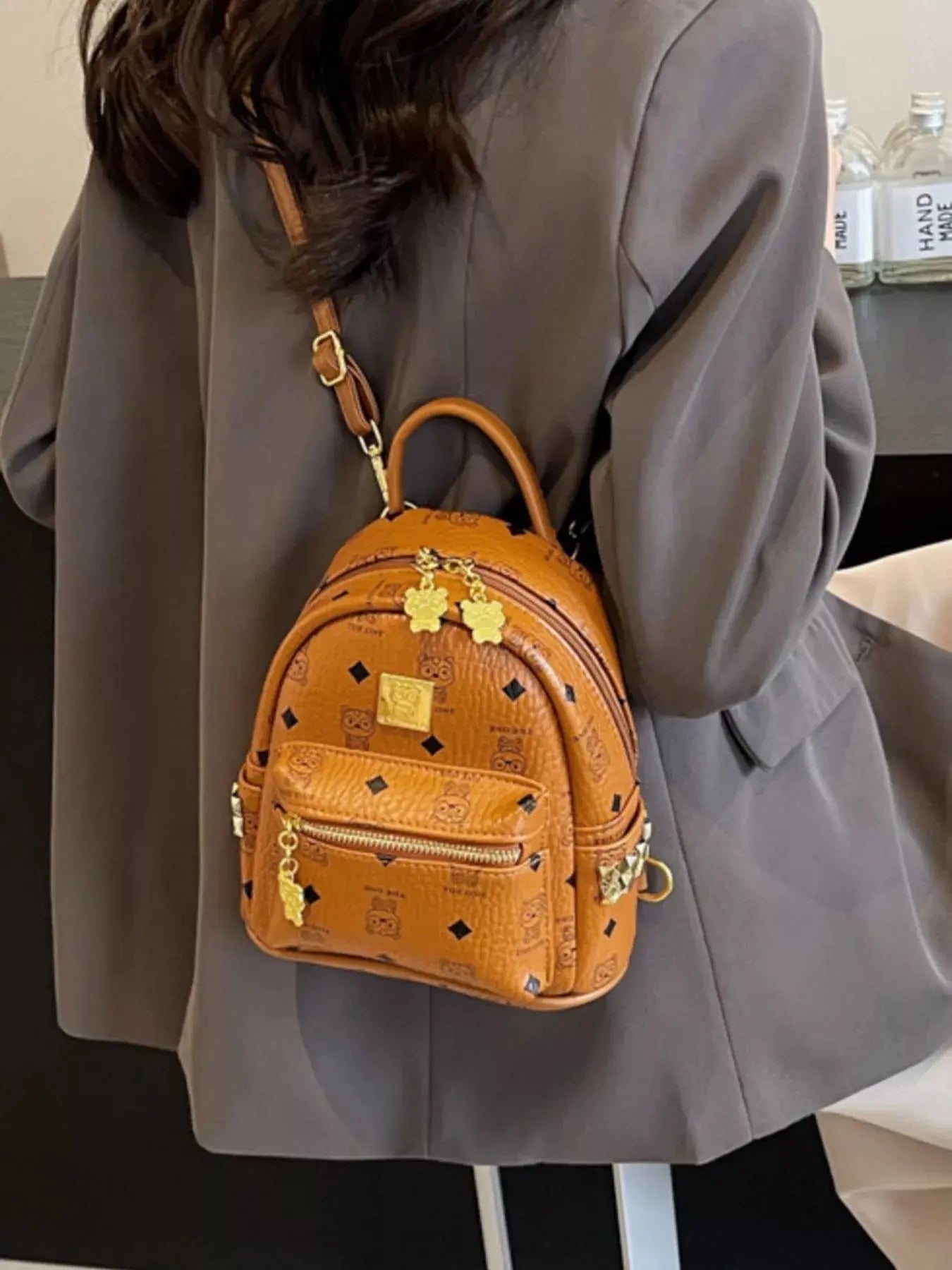 Monogram Print Mini Backpack with Gold Hardware & Stud Accents Vicsxox.com