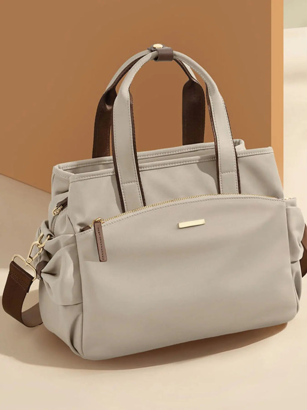 Nylon Top Handle Shoulder Bag with Leather Trim & Crossbody Strap Vicsxox.com
