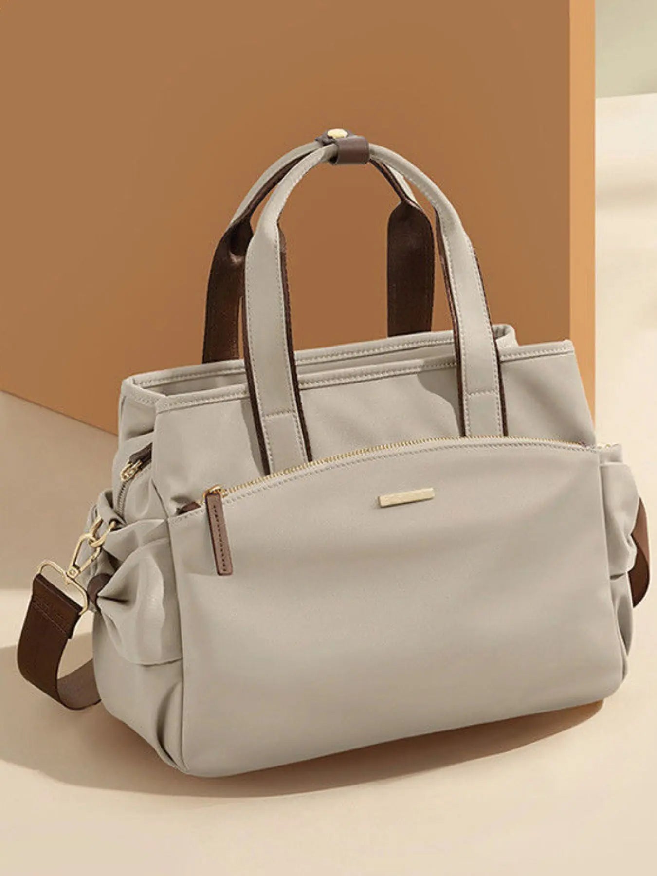 Nylon Top Handle Shoulder Bag with Leather Trim & Crossbody Strap Vicsxox.com