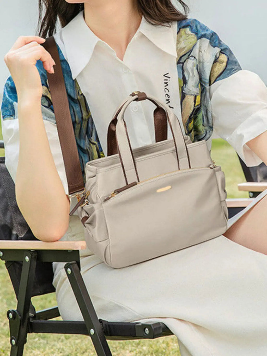 Nylon Top Handle Shoulder Bag with Leather Trim & Crossbody Strap Vicsxox.com
