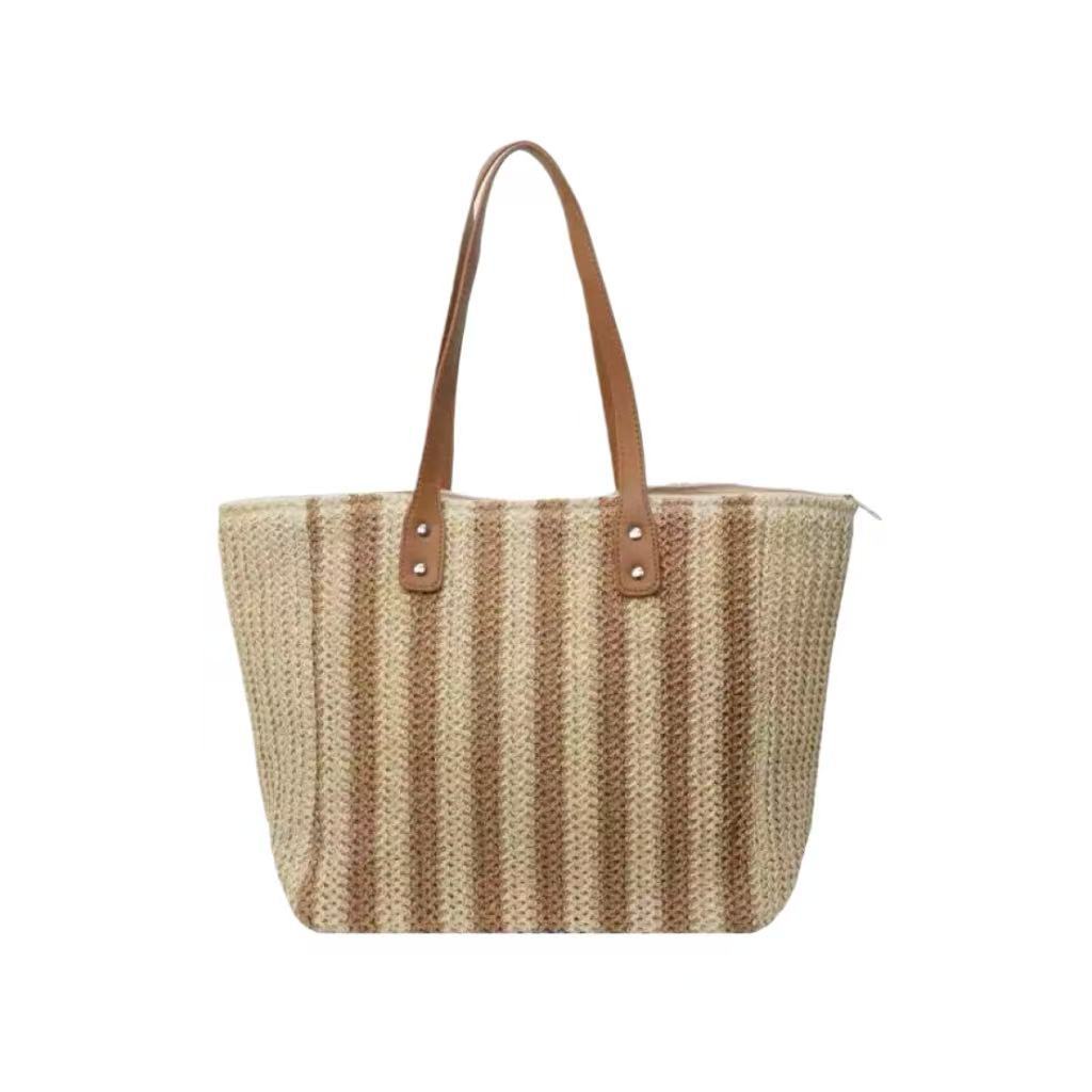 Striped Woven Zip-Top Shoulder Tote
