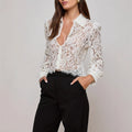 Women's White Floral Lace Button-Front Cropped Blouse
