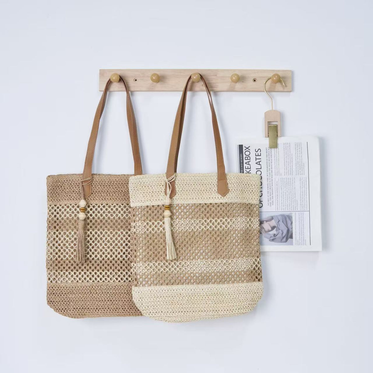 Color-Block Openwork Woven Beach Tote with Tassel