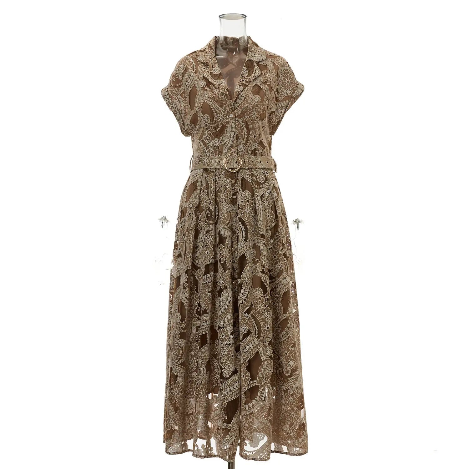 Summer Lace Embroidered Blazer Dress – Notched Collar Button-Front Tie-Waist Maxi, Elegant Long Gown Vicsxox