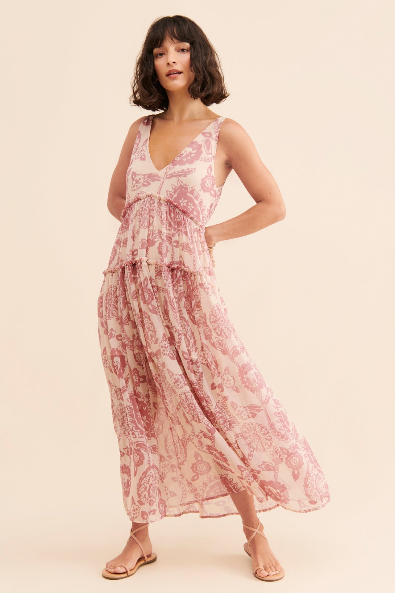 Women's Bohemian Floral Maxi Dress | Tiered Ruffle V-Neck Sundress Vicsxox