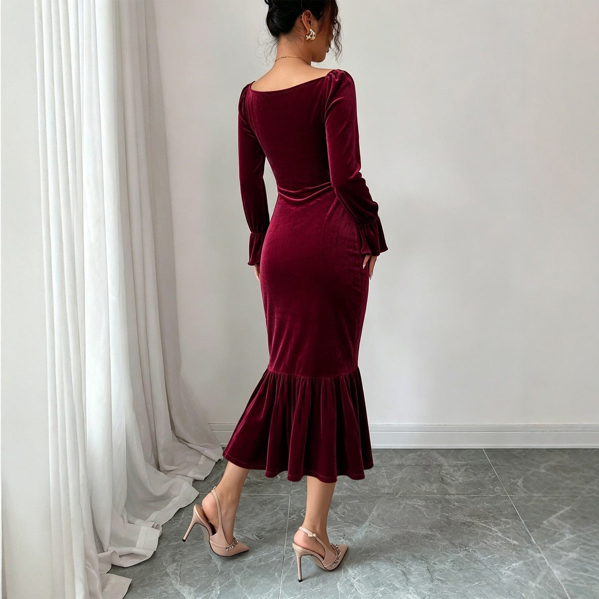 Burgundy Velvet V-Neck Fishtail Midi Dress
