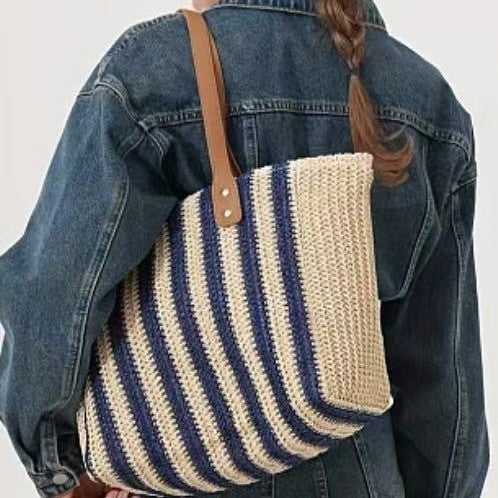 Striped Woven Zip-Top Shoulder Tote