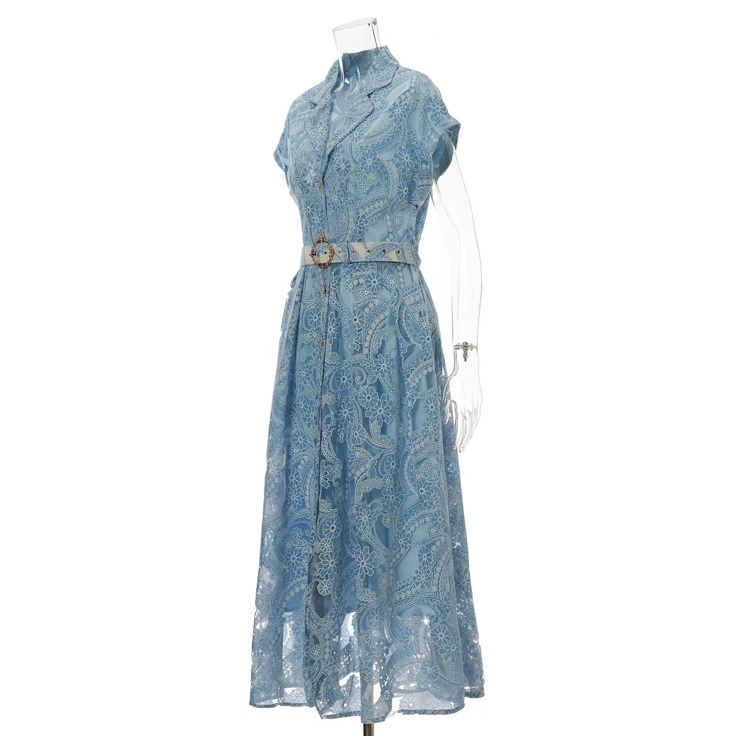 Summer Lace Embroidered Blazer Dress – Notched Collar Button-Front Tie-Waist Maxi, Elegant Long Gown Vicsxox