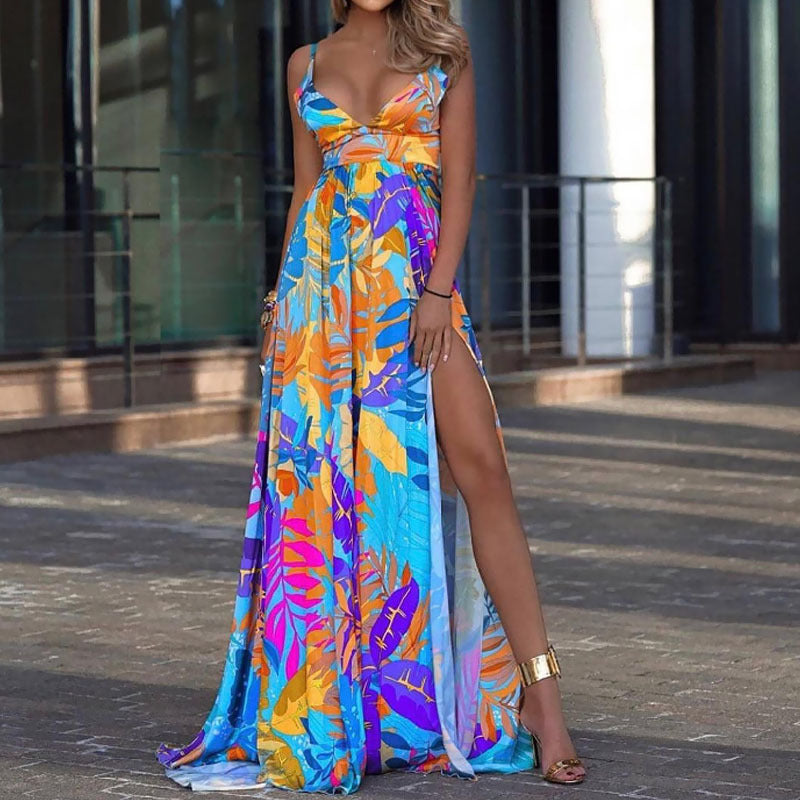 Tropical Leaf V-Neck Cami Maxi Dress with High Slit