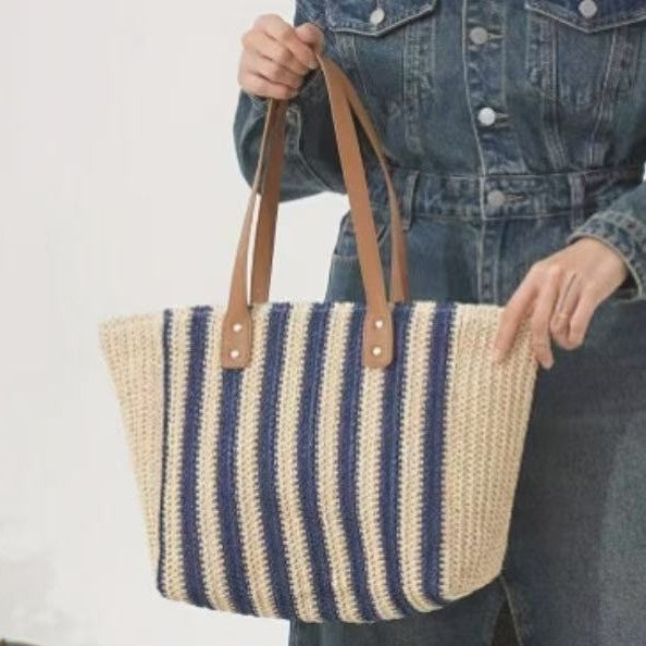 Striped Woven Zip-Top Shoulder Tote