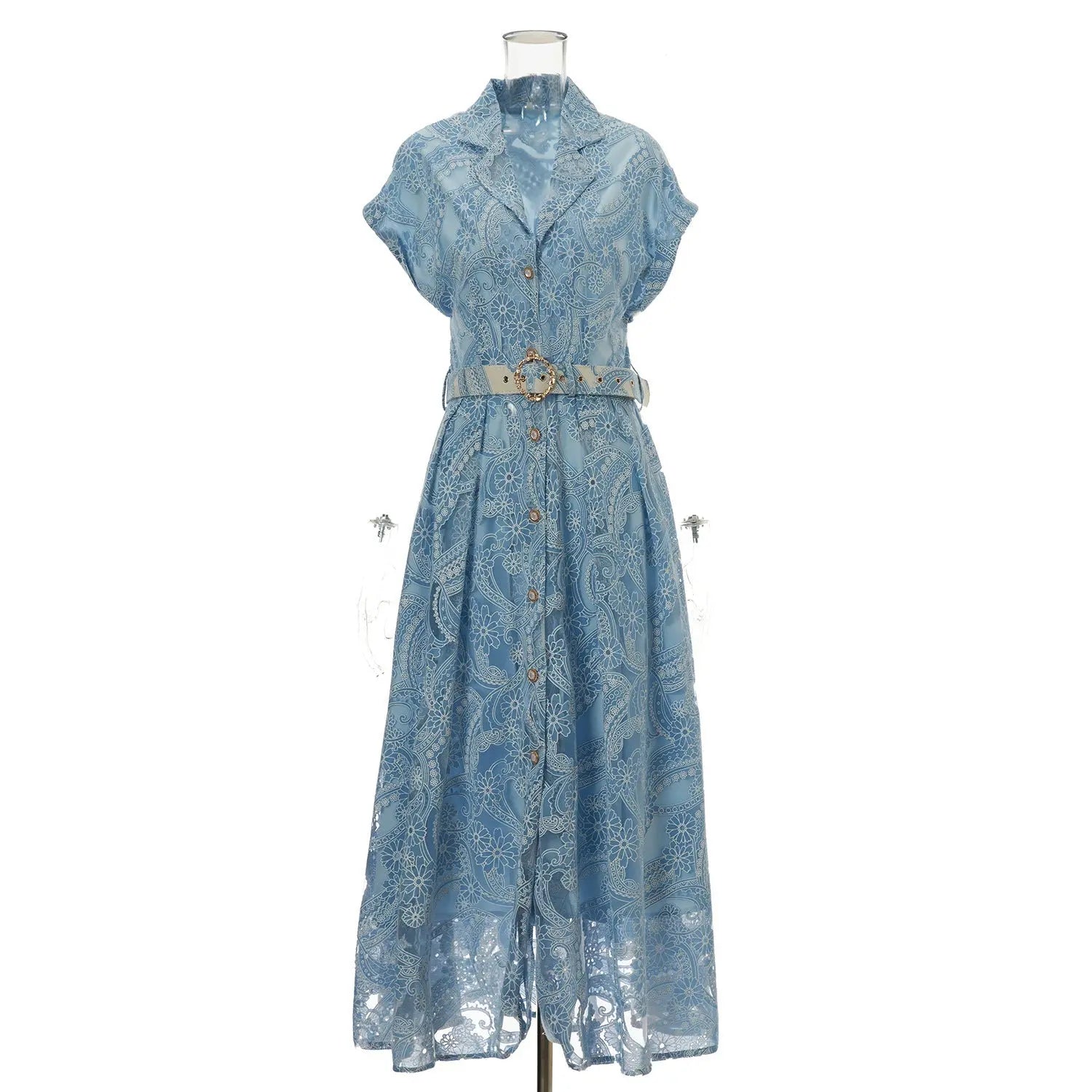 Summer Lace Embroidered Blazer Dress – Notched Collar Button-Front Tie-Waist Maxi, Elegant Long Gown Vicsxox