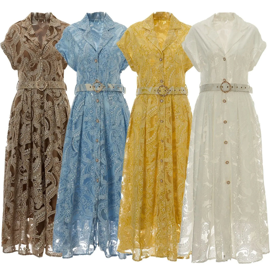 Summer Lace Embroidered Blazer Dress – Notched Collar Button-Front Tie-Waist Maxi, Elegant Long Gown Vicsxox