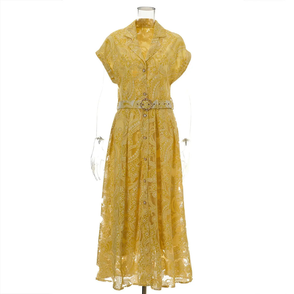 Summer Lace Embroidered Blazer Dress – Notched Collar Button-Front Tie-Waist Maxi, Elegant Long Gown Vicsxox