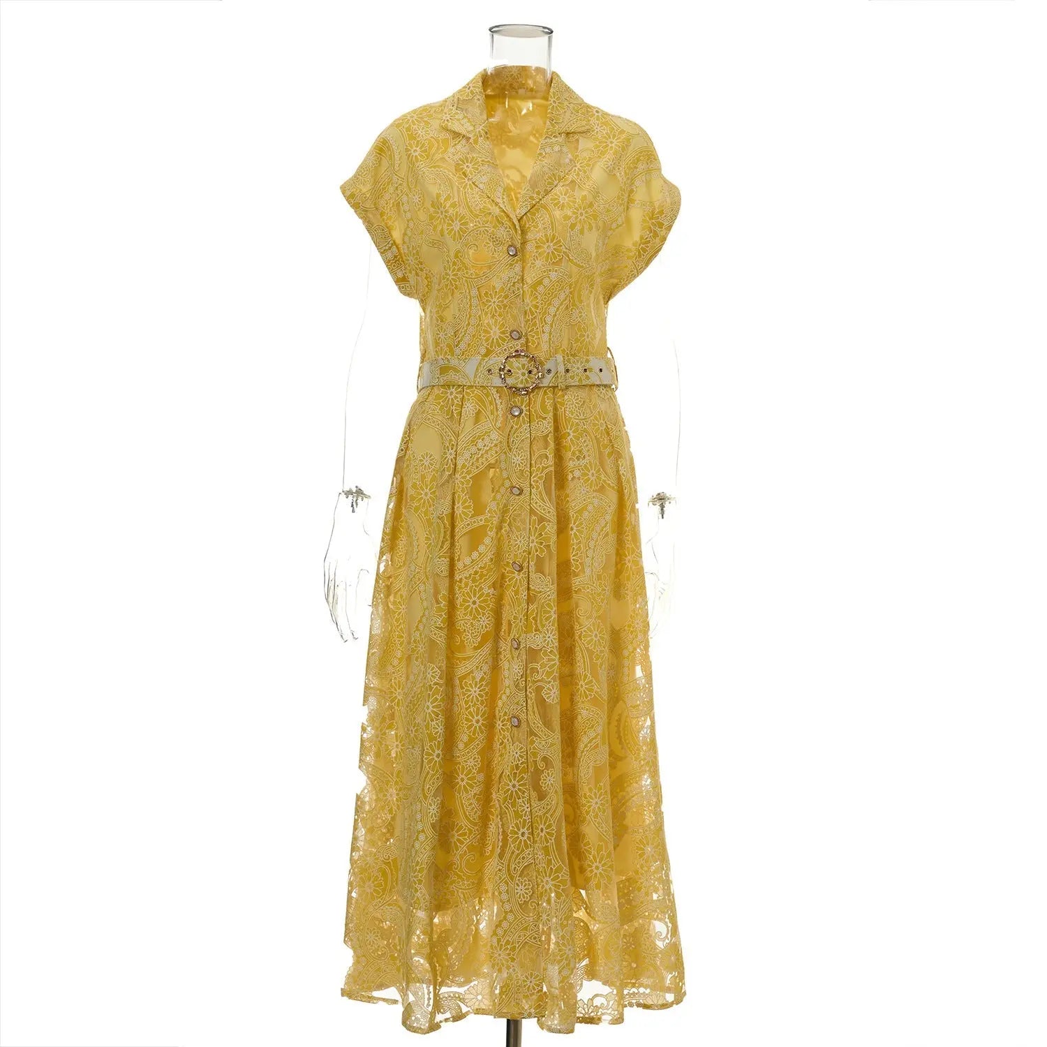 Summer Lace Embroidered Blazer Dress – Notched Collar Button-Front Tie-Waist Maxi, Elegant Long Gown Vicsxox