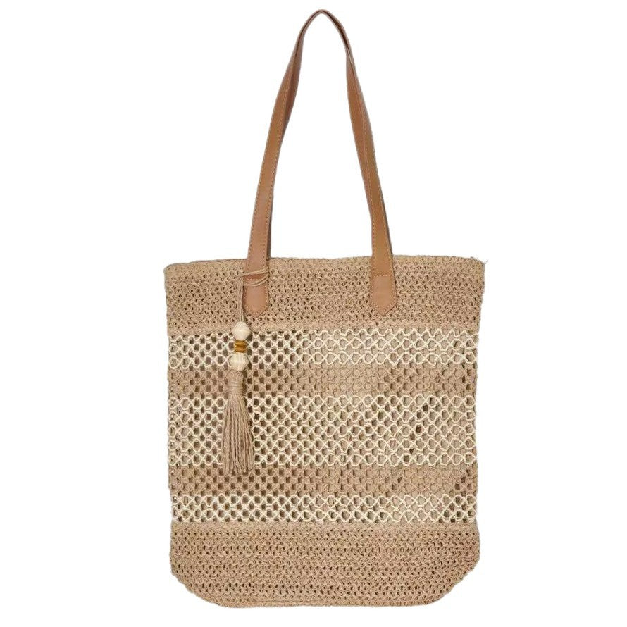 Color-Block Openwork Woven Beach Tote with Tassel