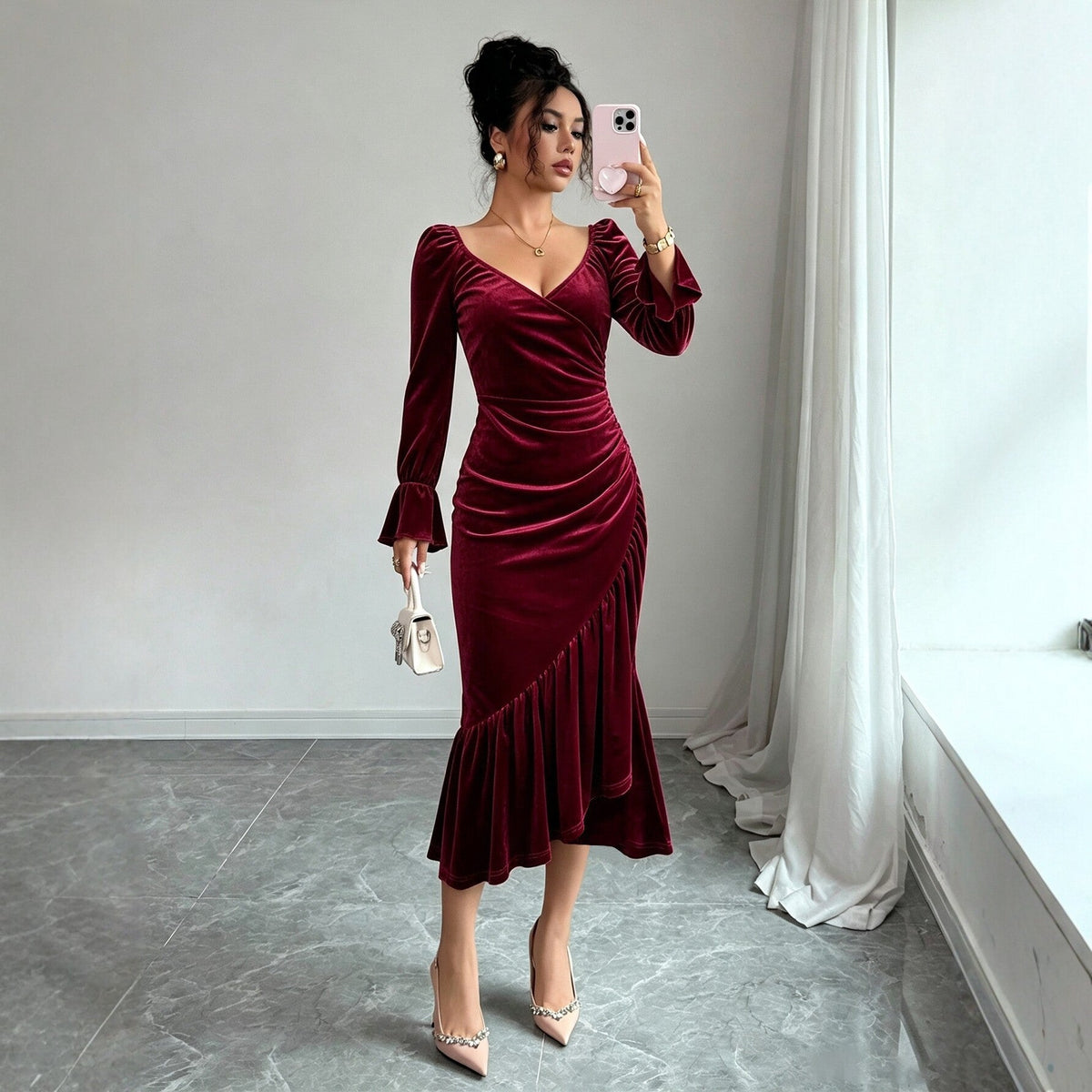 Burgundy Velvet V-Neck Fishtail Midi Dress