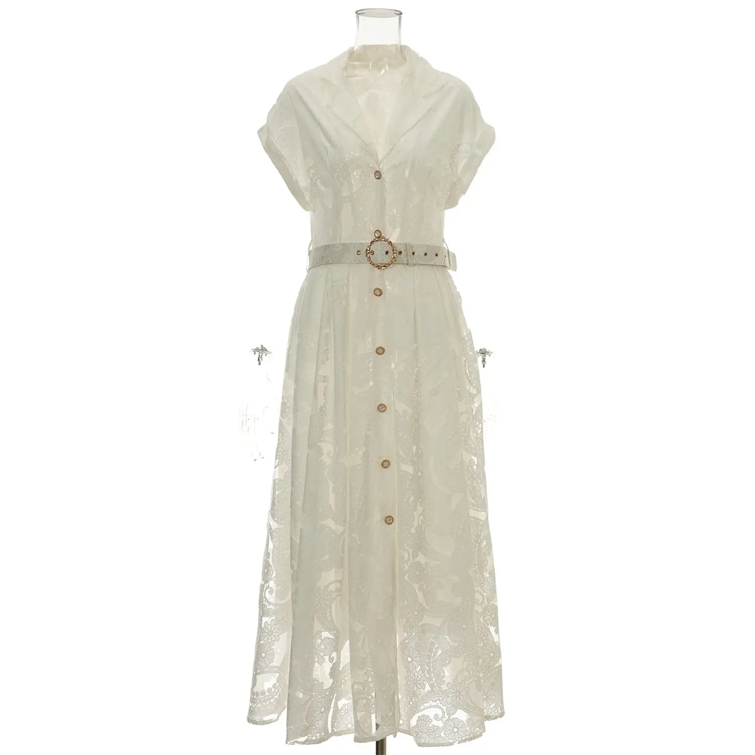 Summer Lace Embroidered Blazer Dress – Notched Collar Button-Front Tie-Waist Maxi, Elegant Long Gown Vicsxox