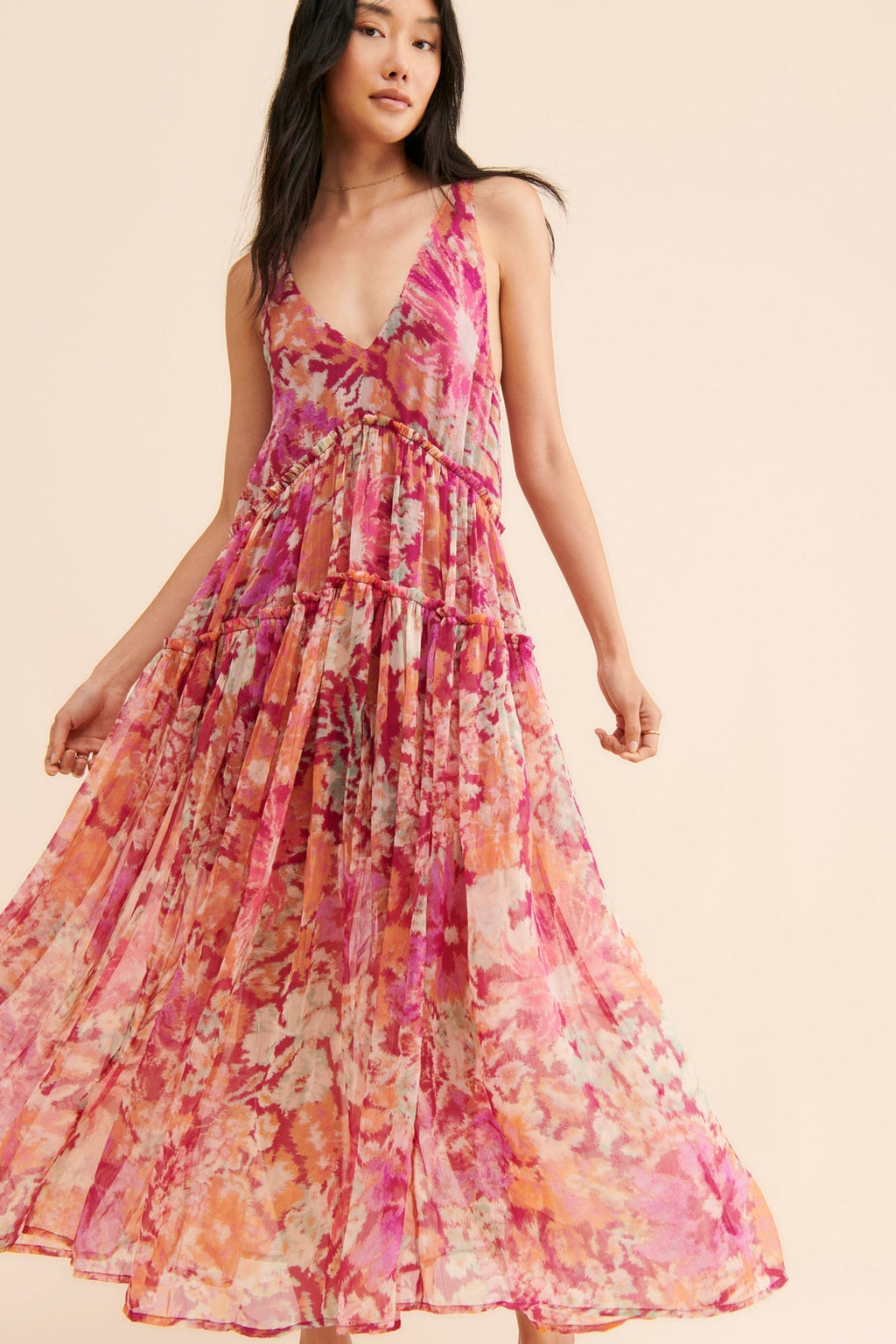 Women's Bohemian Floral Maxi Dress | Tiered Ruffle V-Neck Sundress Vicsxox