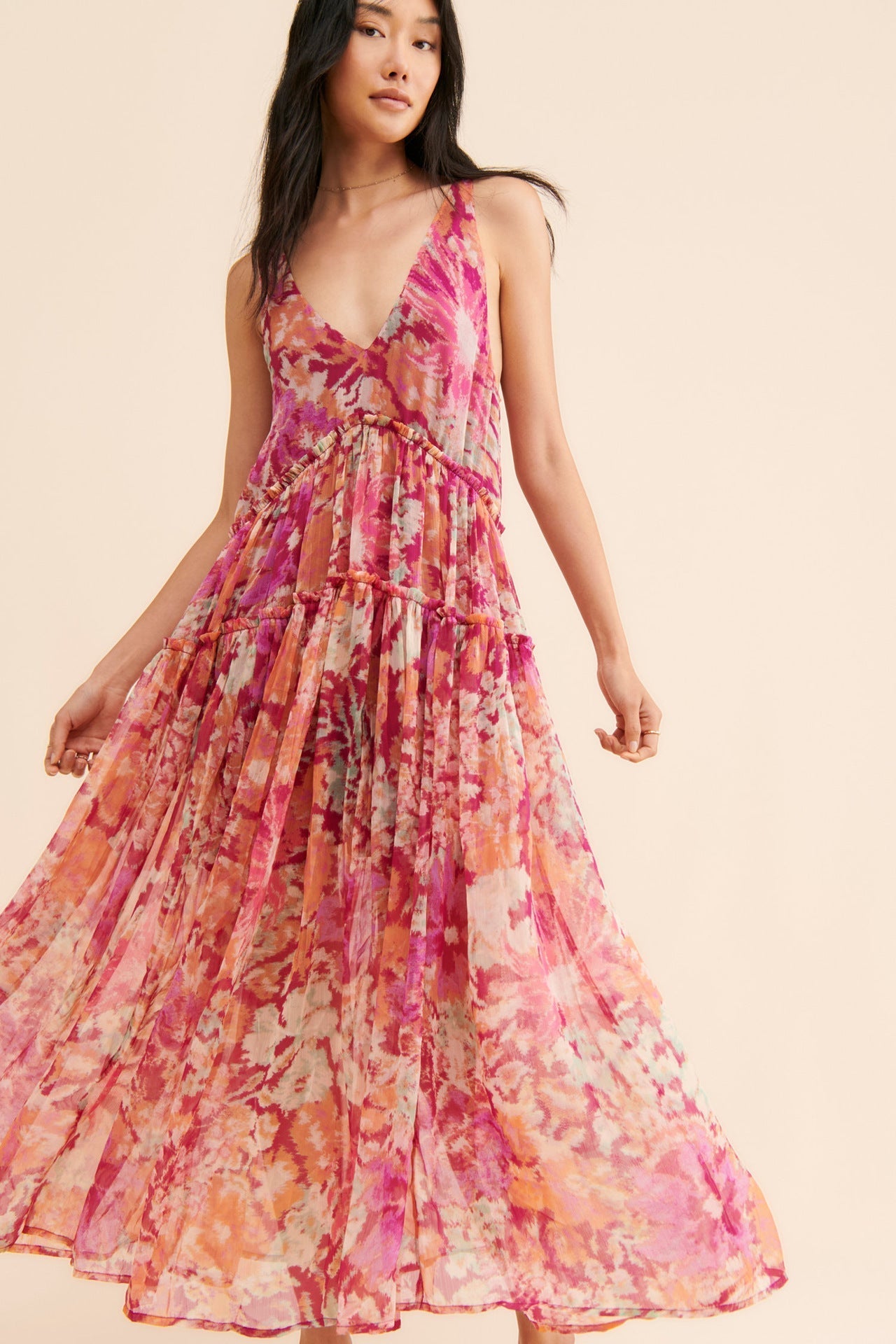 Women's Bohemian Floral Maxi Dress | Tiered Ruffle V-Neck Sundress Vicsxox