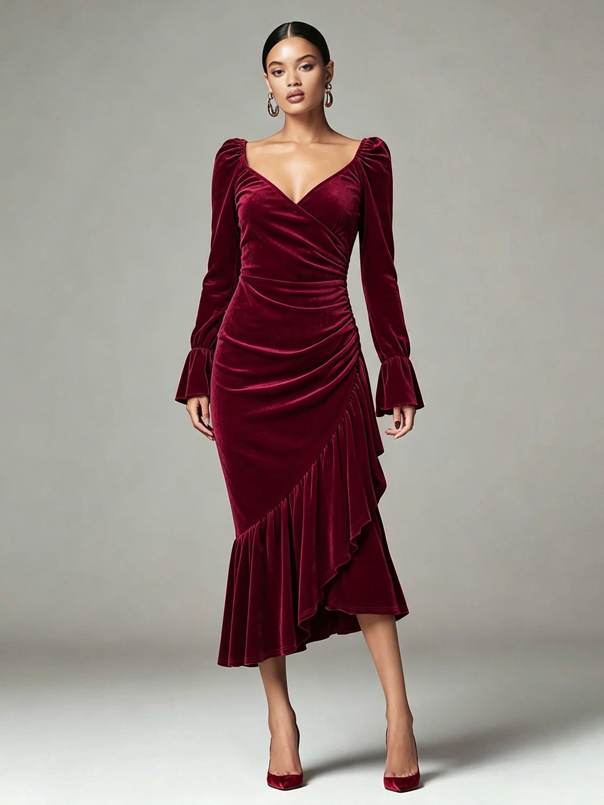 Burgundy Velvet V-Neck Fishtail Midi Dress
