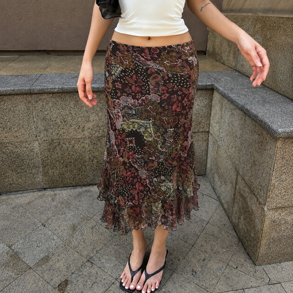 Boho Paisley Print Mesh Midi Skirt with Ruffled Hem