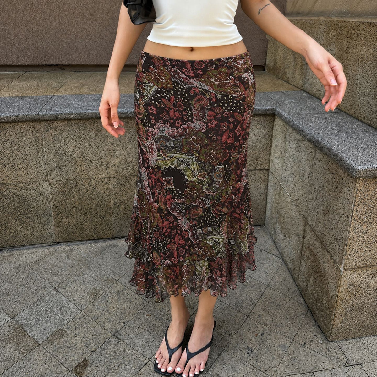 Boho Paisley Print Mesh Midi Skirt with Ruffled Hem